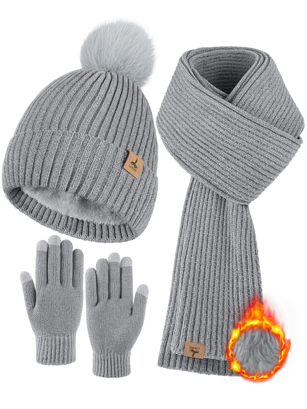 2400 Winter Warm Hat Scarf and Touch Screen Gloves Set, Knitted Pom Beanie